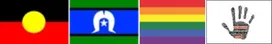 The Aboriginal flag, the Torres Strait Islander flag, the rainbow Pride flag, and an ochre hand print