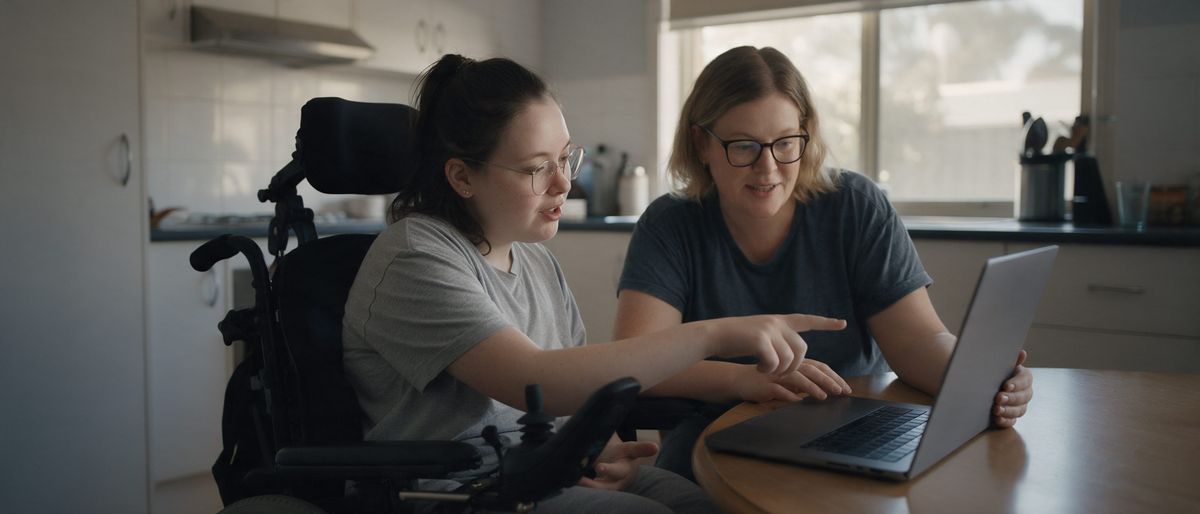 A young woman in a power wheelchair pointing at a laptop as she and her support coordinator look at housing options together