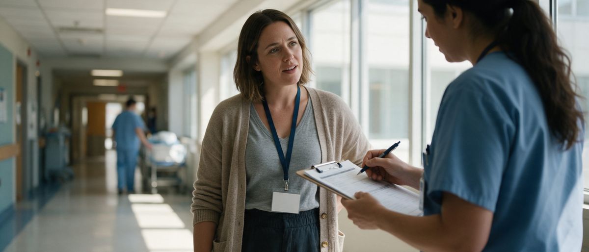 A support coordinator talking with a hospital discharge planner in a bright hospital corridor