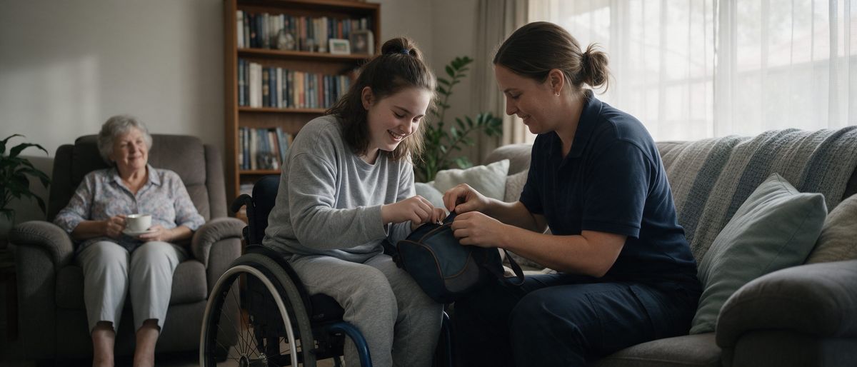 A young woman in a wheelchair smiles as she zips a small overnight bag on a living room couch, helped by a support worker in a navy polo, while an older woman watches from an armchair with a cup of tea