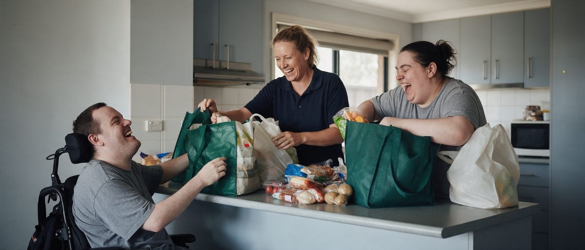 Housemates laughing as they unpack the shopping in their shared kitchen with a support worker, one of them in a wheelchair