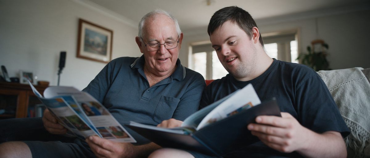 A father and his adult son on the couch, reading through brochures and a folder together