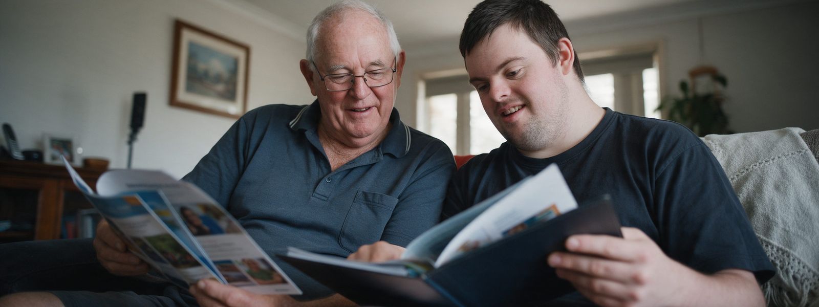 A father and his adult son on the couch, reading through brochures and a folder together