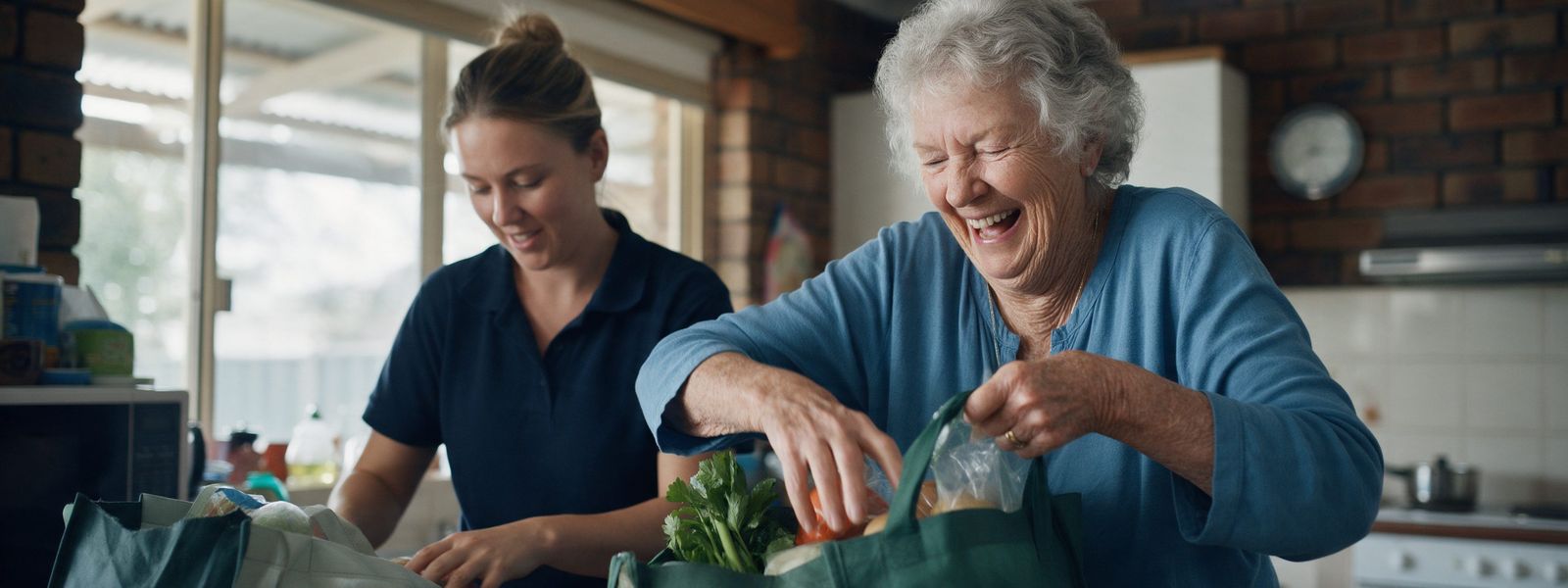 An older woman laughing as she unpacks shopping in her kitchen, with a support worker beside her