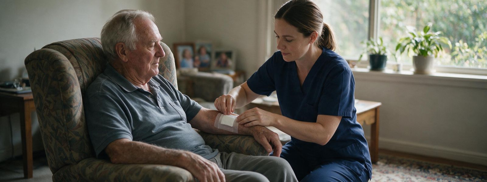 A registered nurse providing clinical care to a participant in their own home in Adelaide