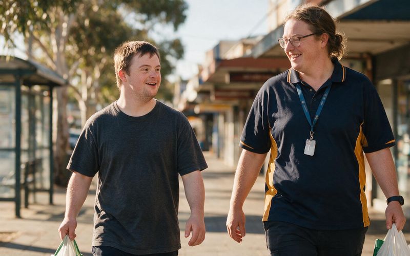 A participant and a support worker at a community art class in Adelaide