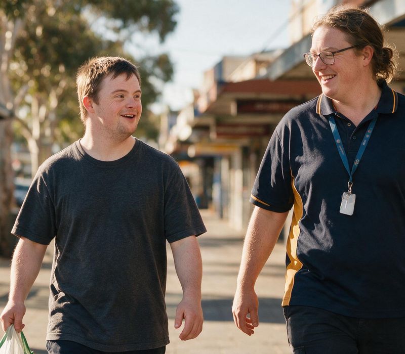 A Complete Choice support worker and a participant out together in an Adelaide neighbourhood