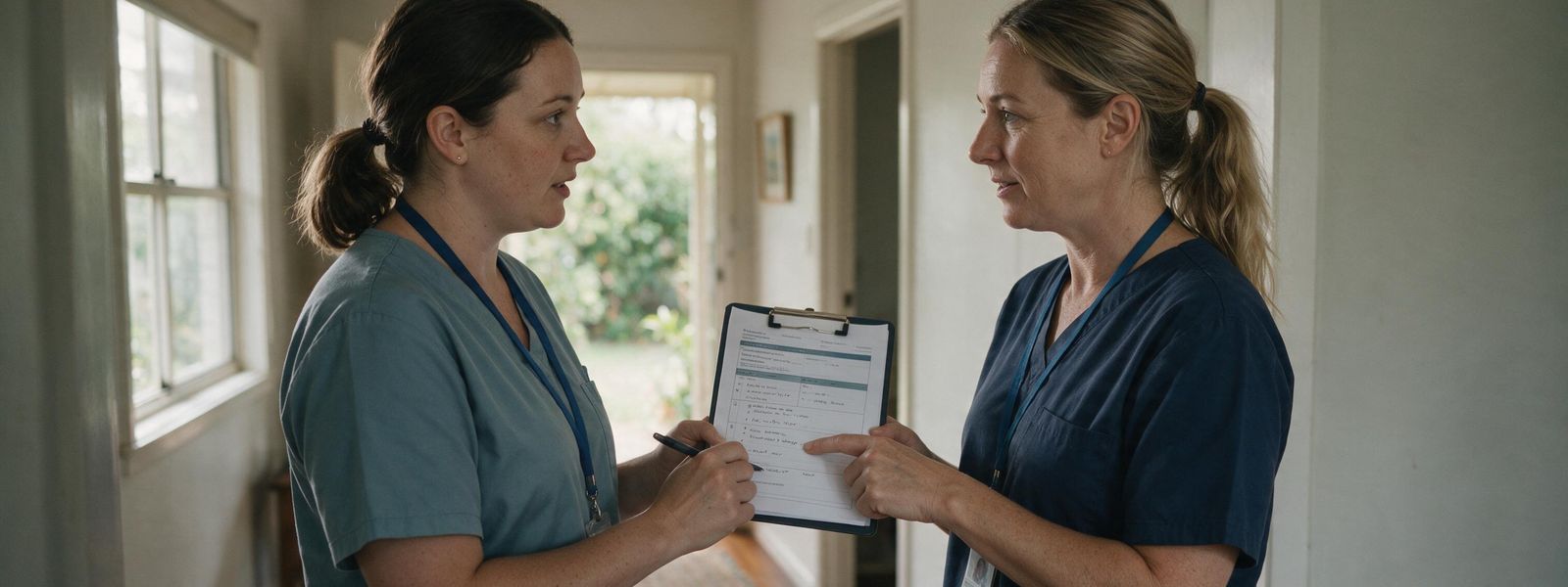 A registered nurse and a support worker reviewing a care plan together in a participant's Adelaide home