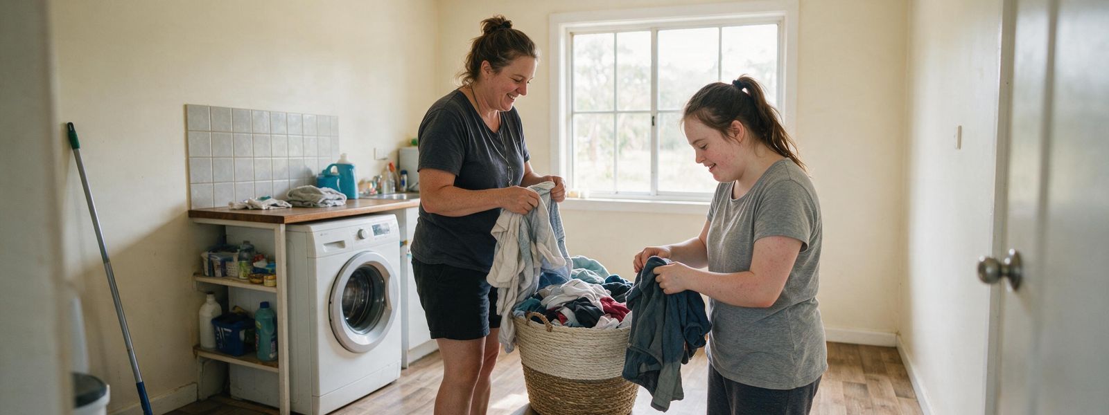 A support worker and a participant preparing a meal together in a home kitchen in Adelaide