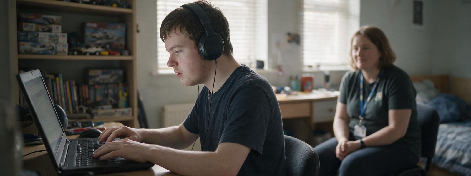 A participant taking part in an online interest group from home, with a support worker alongside