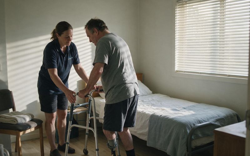 A support worker assisting a participant with a morning routine at home in Adelaide