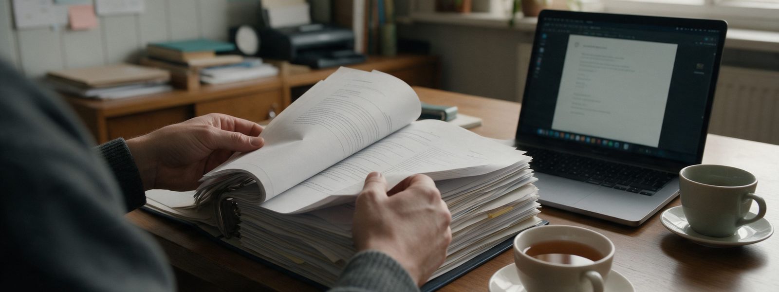 Hands turning the pages of a thick folder of paperwork at a desk, beside a laptop and a cup of tea