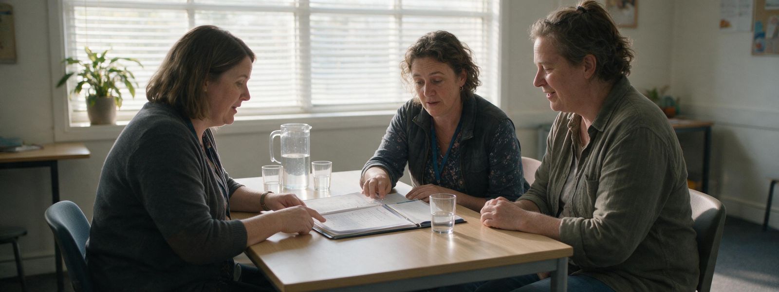 A support coordinator and a participant reviewing an NDIS plan together in an Adelaide office