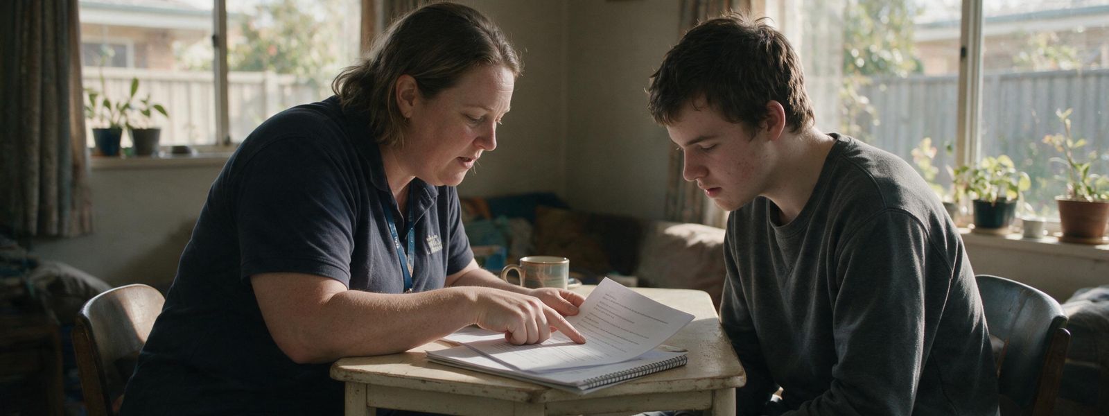 A support worker going through a lease document with a participant at a kitchen table in Adelaide