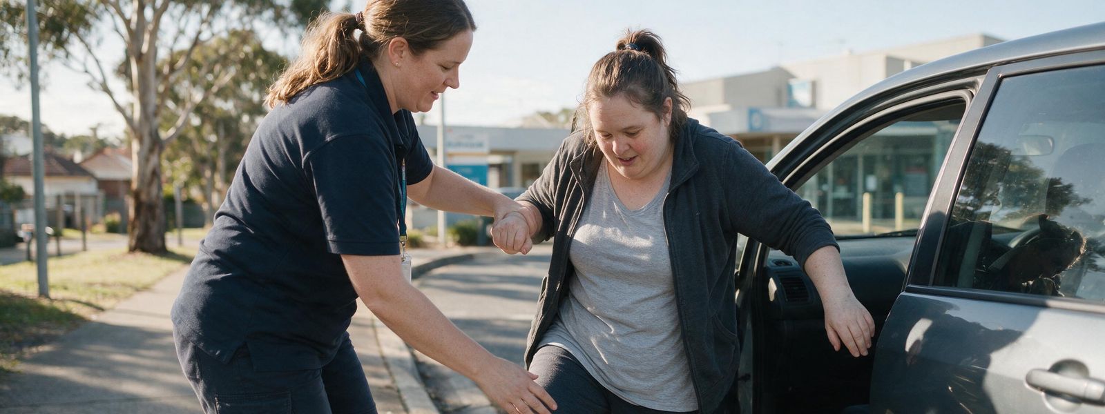 A support worker helping a participant board a bus in Adelaide