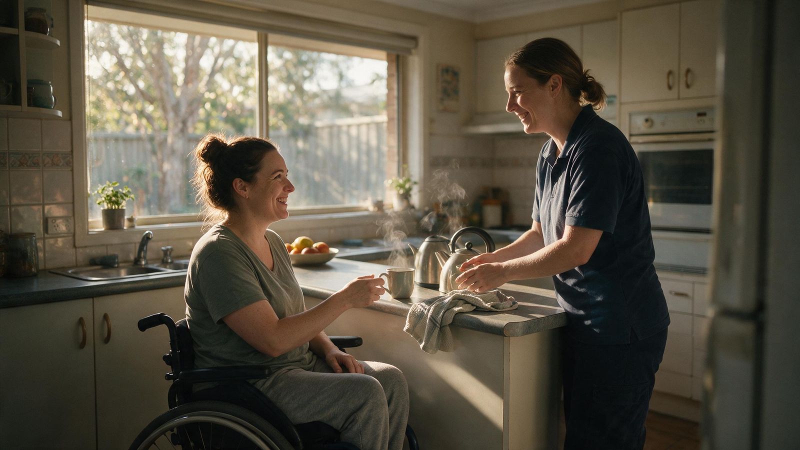 A woman who uses a wheelchair laughing with her support worker over a cup of tea in a sunlit Adelaide kitchen