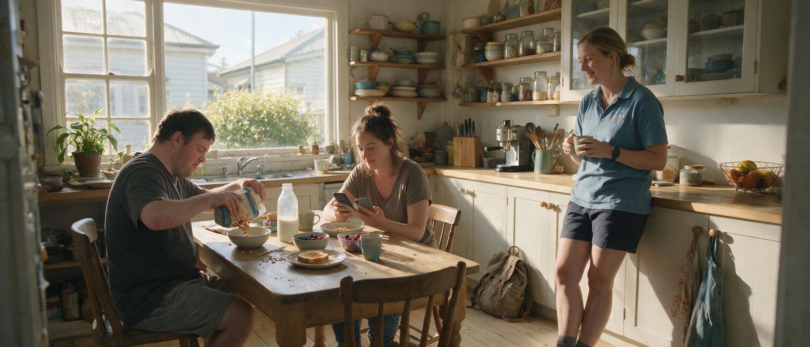 Three housemates and a support worker having breakfast together in the kitchen of an Adelaide share house